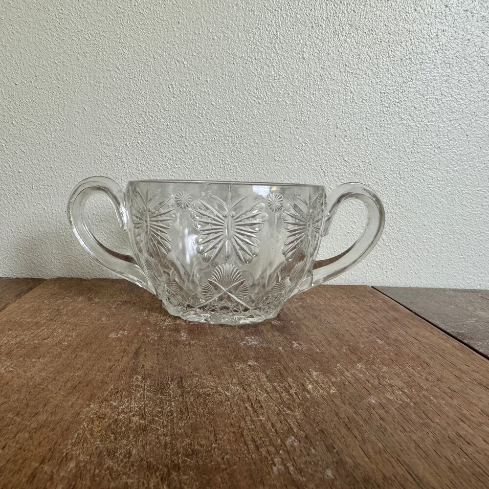 Indiana Glass‎ Pressed Clear Glass Butterfly Design Open Sugar Bowl